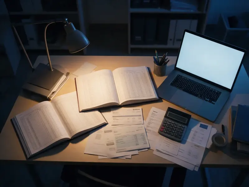 An accountant's desk with ledgers, receipts and a laptop