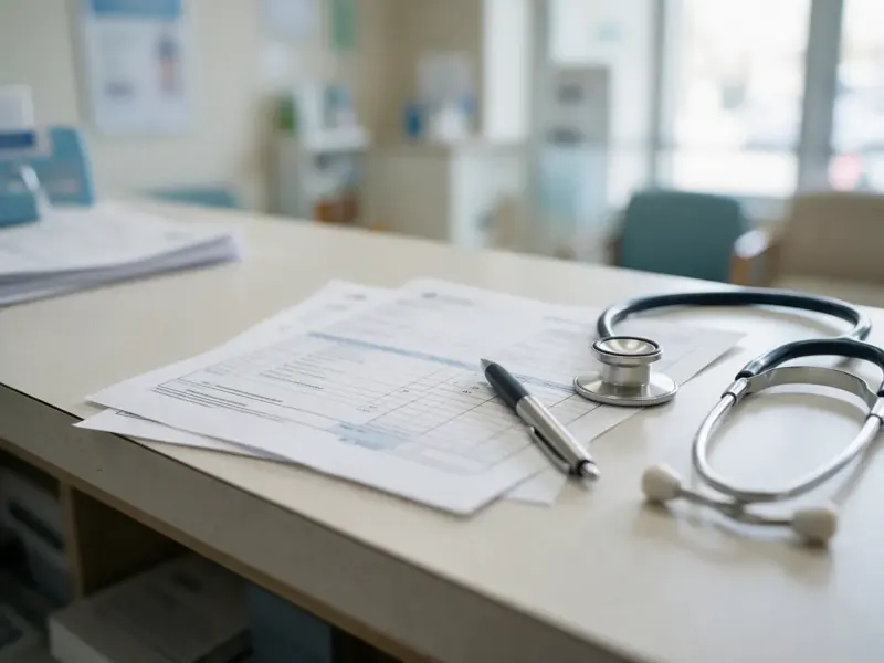 A claim form and a stethoscope on a clinic desk